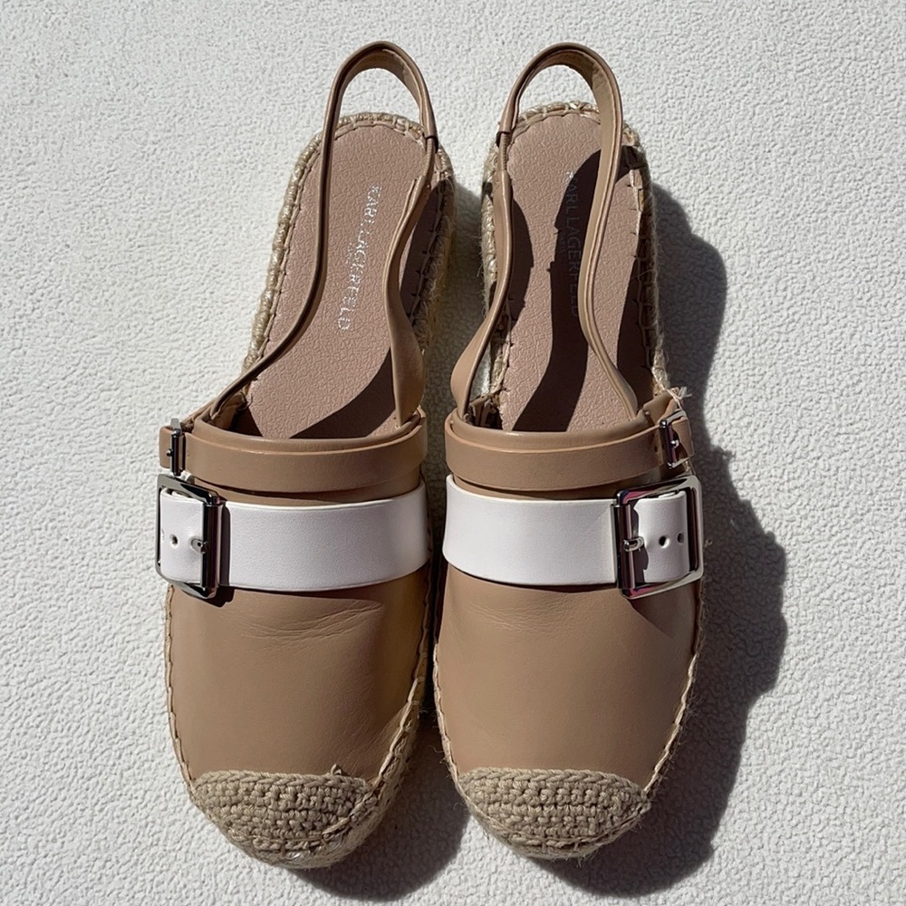 Karl Lagerfeld Alexi Slingback Platform Espadrilles Leather Upper Beige NWOT